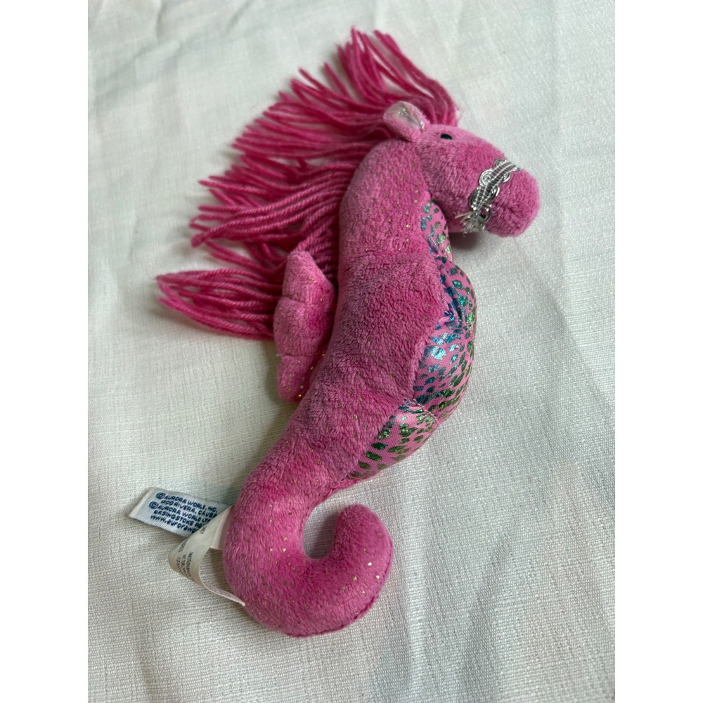 Aurora World Pink Seahorse Plush Yarn Mane Shimmer Metallic Stuffed Animal